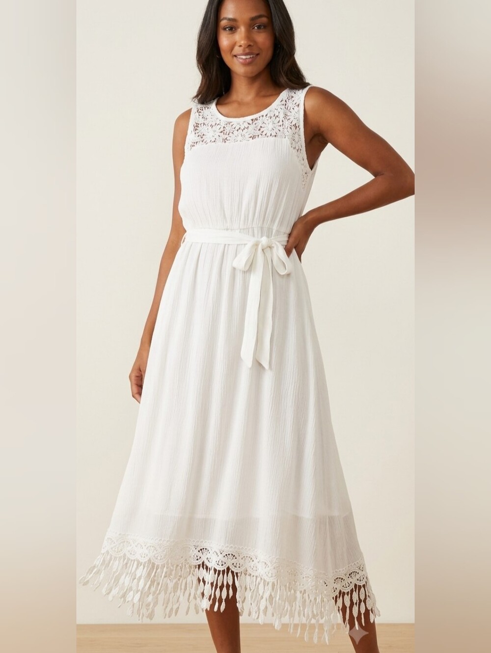 Mlle Gabrielle White Lace Yoke Midi Dress with Tie Waist